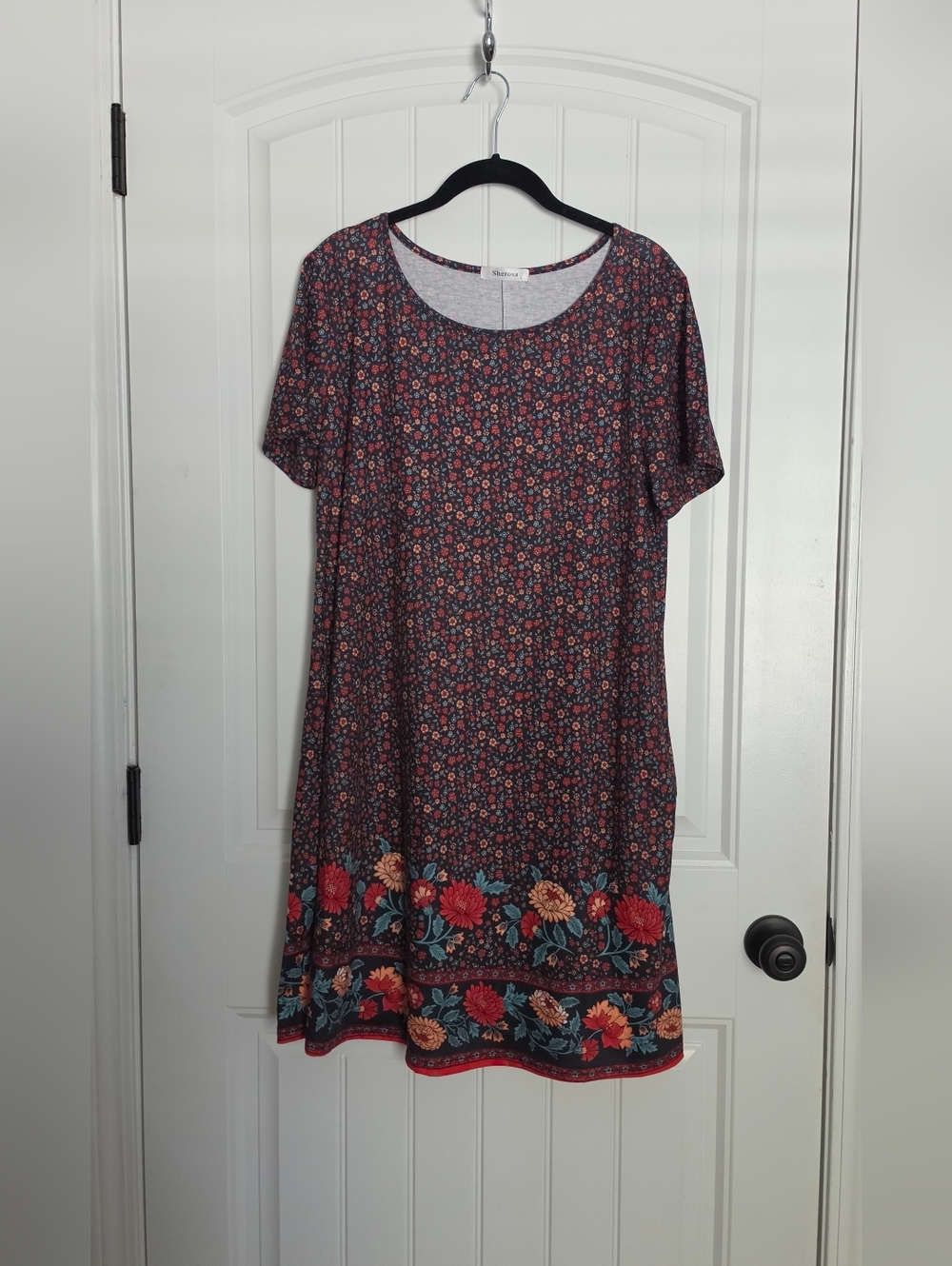 Floral Border Short Sleeve Dress in  Black and Coral